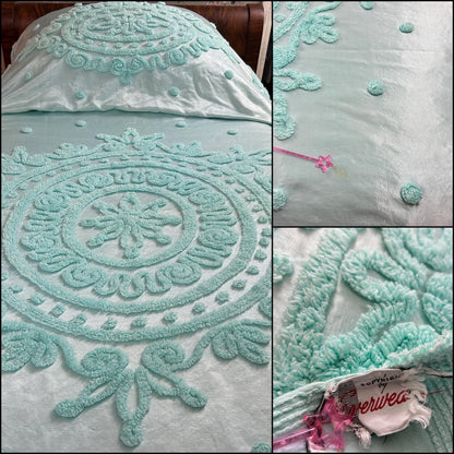 Seafoam Vintage Satin Bedspread Aqua Glamour Tufted Chenille Full Sz