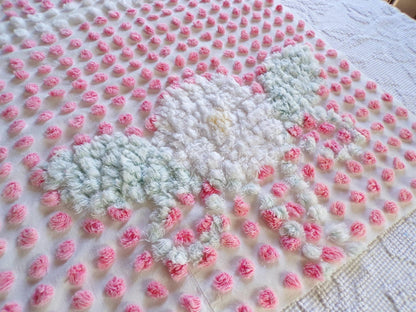 Cupcake Pink Pops Vintage Chenille Fabric, 21" x 28" inch antique handtufted floral cut piece, Beautiful in DIY Pillows