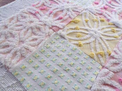 Vintage Chenille Fabric Squares: Springtime Pink & Yellow Set of 16 Quilt Blocks, 6" each