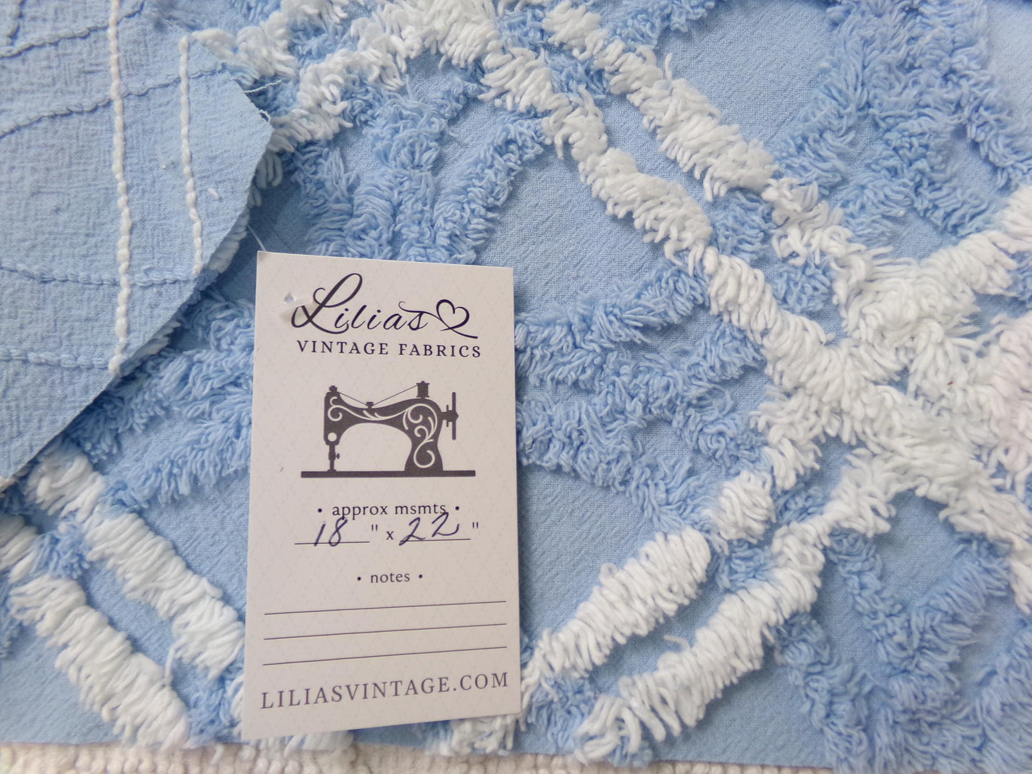 Vintage Chenille Fabric Baby Blue White Geometric Tufted Cottage Coastal Chic, 18" x 22"