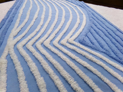 Vintage Chenille Fabric Piece, White Waves on Blue, 18" x 33" Sewing Material