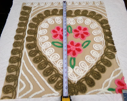 Vintage Chenille Bedspread Fabric Piece, Mocha Chocolate Cherry Floral, 24" x 23"