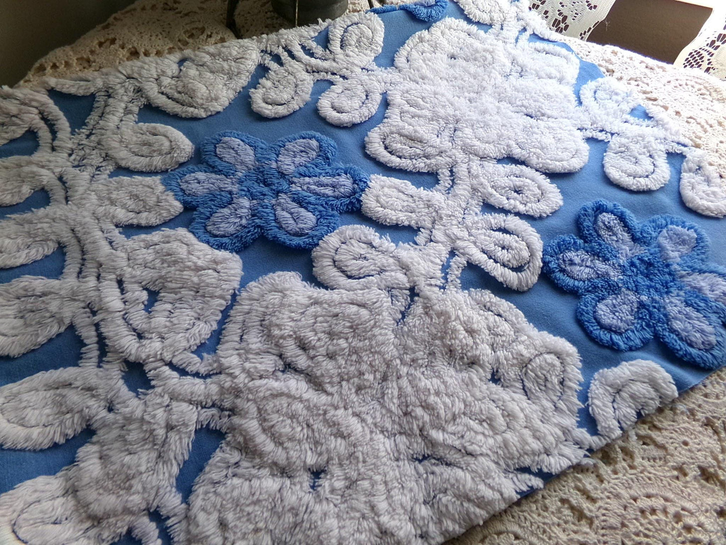 coastal cute blue chenille fabric, plush white swirls surround single flowers, 18" x 24" inch piece of vintage sewing material