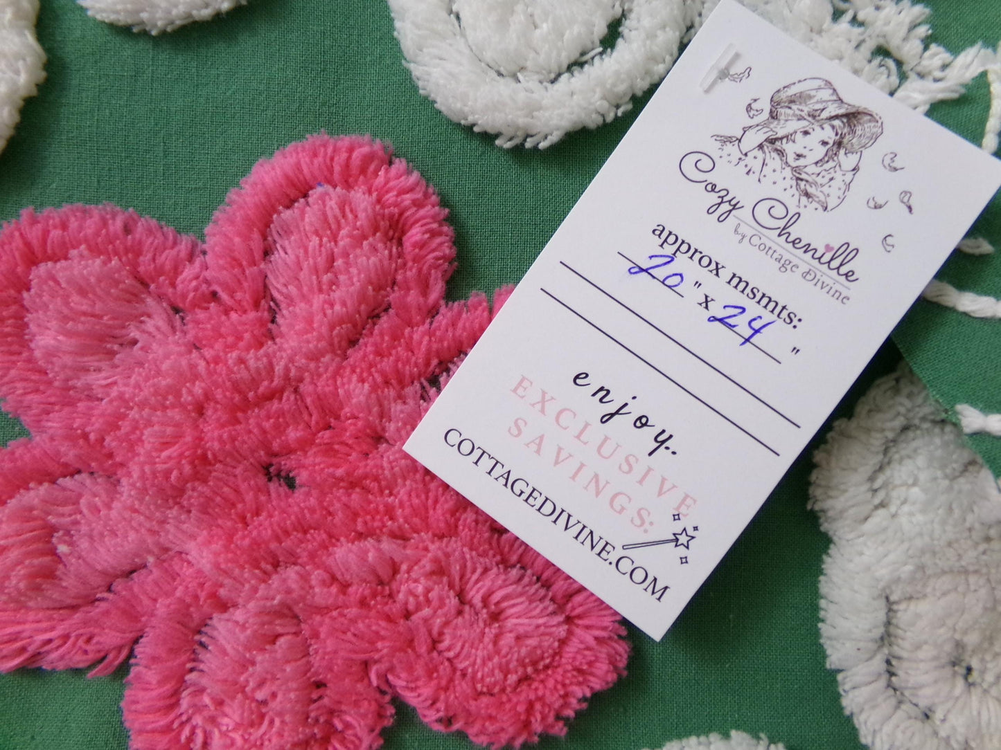 Vintage Chenille Bedspread Fabric, evergreen pink rose white swirl sewing craft quilt material, 20" x 24" piece
