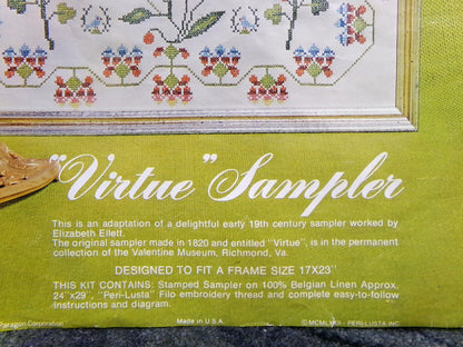 VIRTUE Embroidery Sampler, Paragon 0609 Valentine Museum Reproduction, Vintage Cross Stitch Stitchery Kit on Belgian Linen