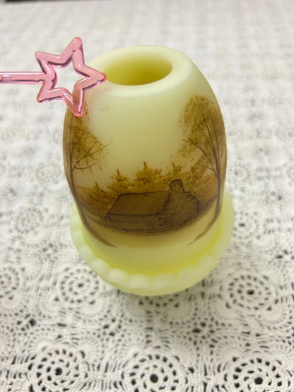 Vintage Fenton Fairy Lamp Secluded Log Cabin Country Hand Painted Artist Signed
