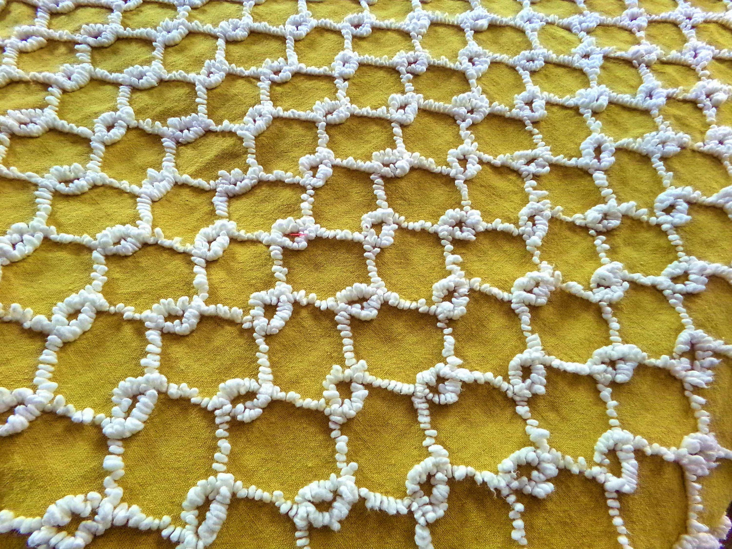 Hippie Vintage Chenille Fabric in Butterscotch Gold with White Chicken Wire Design, 100% Lightweight Cotton, 20" x 24" inch piece