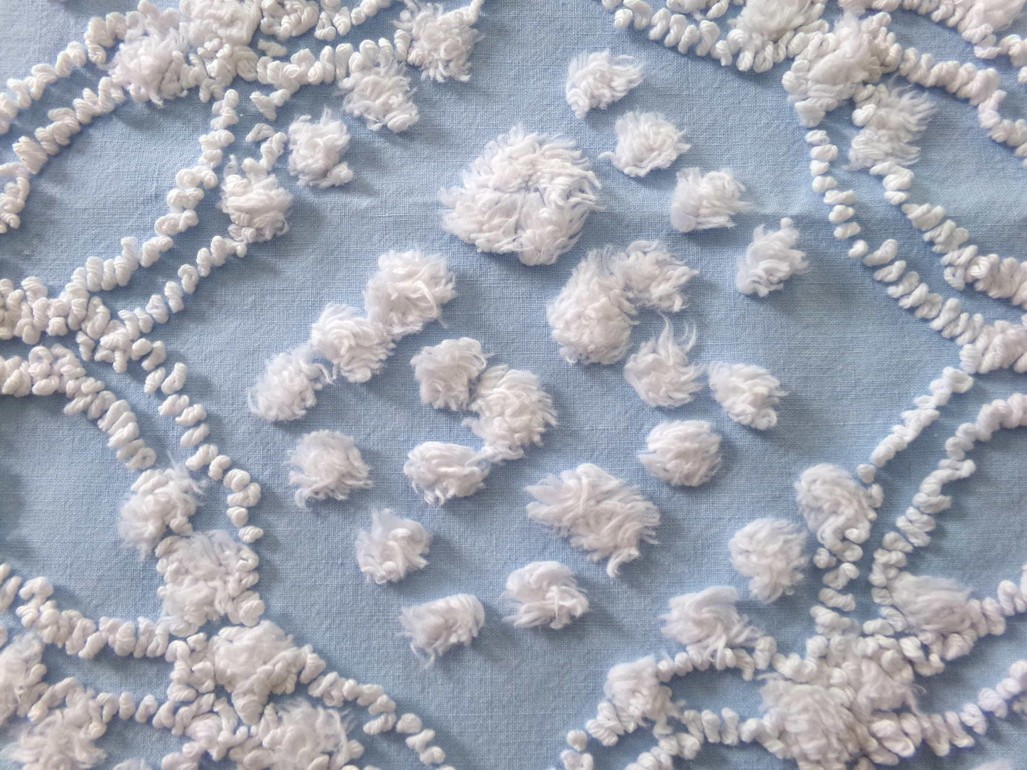 shabby beach chic vintage chenille fabric, 19" x 21" piece w/ snow white pops & links on sky blue cotton