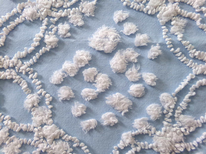 shabby beach chic vintage chenille fabric, 19" x 21" piece w/ snow white pops & links on sky blue cotton