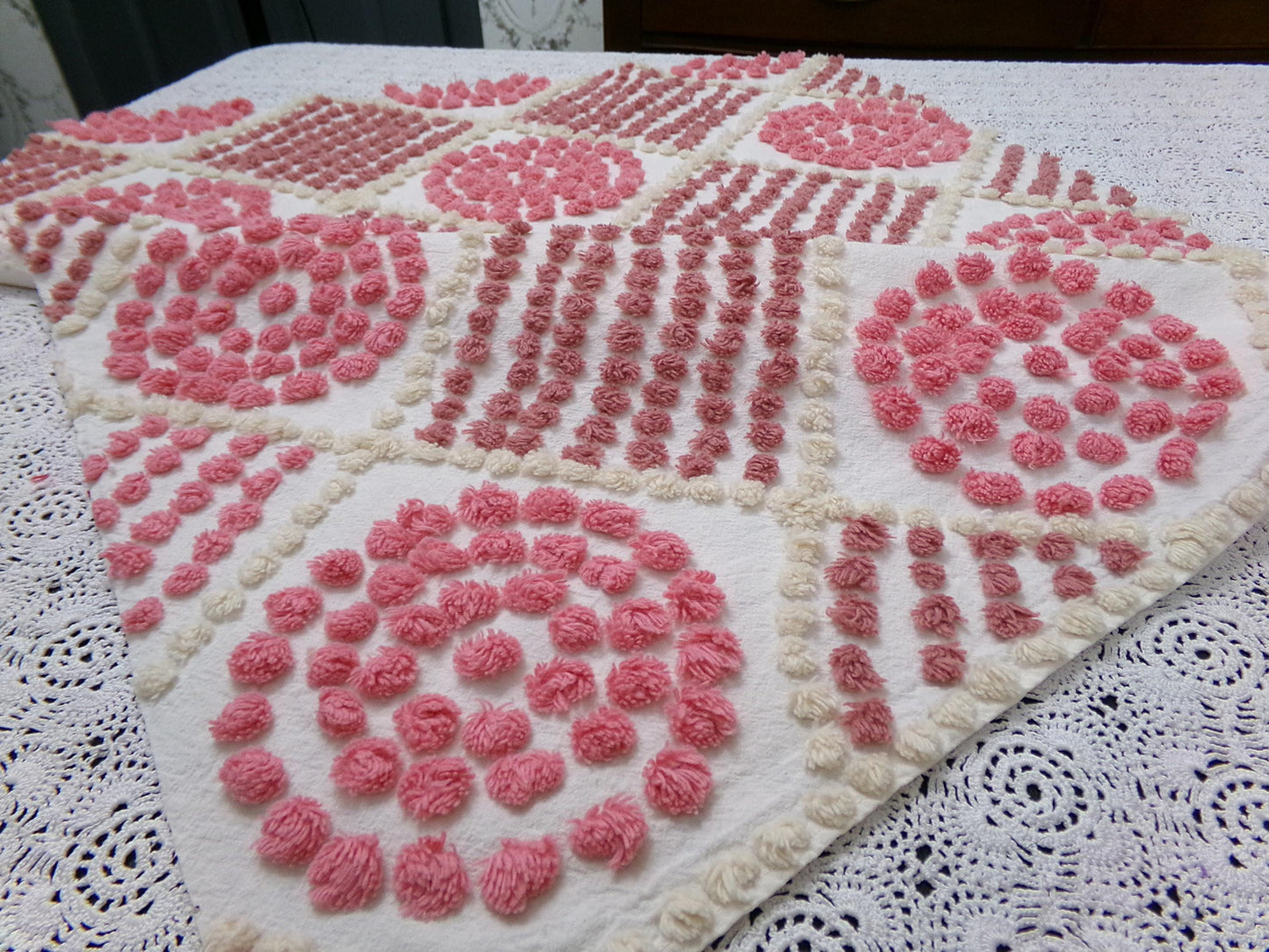 Rose Pink Diamond Pops Vintage Chenille Fabric 20 x 24" Shabby Sewing Quilt Material