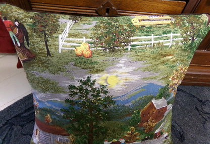 Vintage Barkcloth Pillow Grandma Moses Halloween Folk Art w/ Velvet Back Handmade Americana