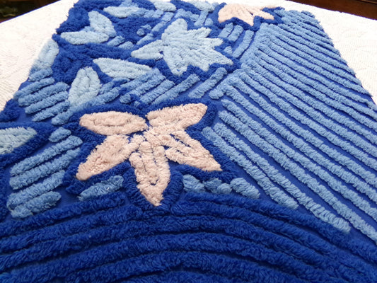 mystical blue vintage chenille bedspread fabric, plush lux star lily florals, 18" x 22" piece