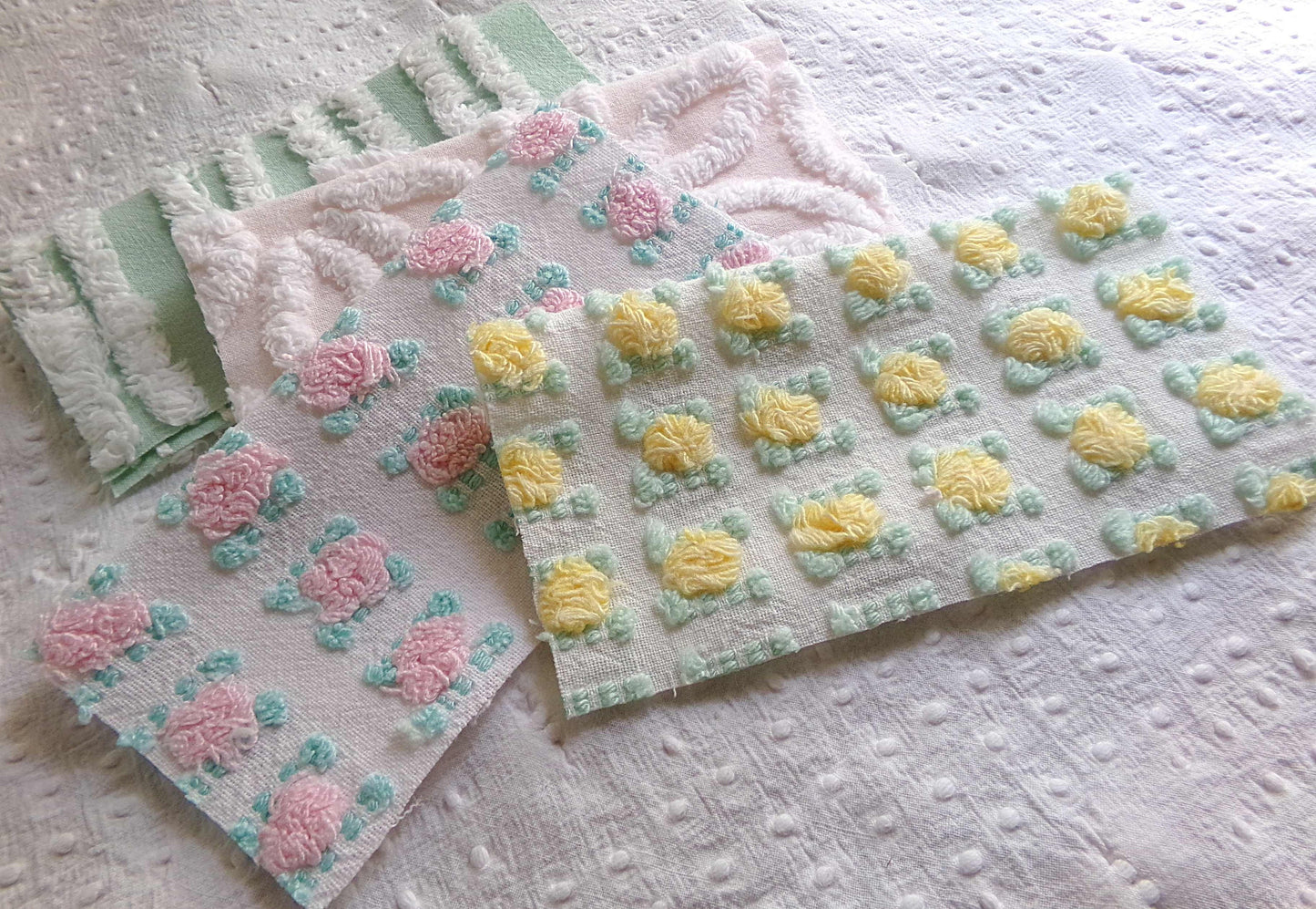 Chenille Squares Set, "Spring Bliss," 16 Vintage Fabric Quilt Blocks, 6" inch in White Daisy, Pink & Yellow Rosebud, Mint Green