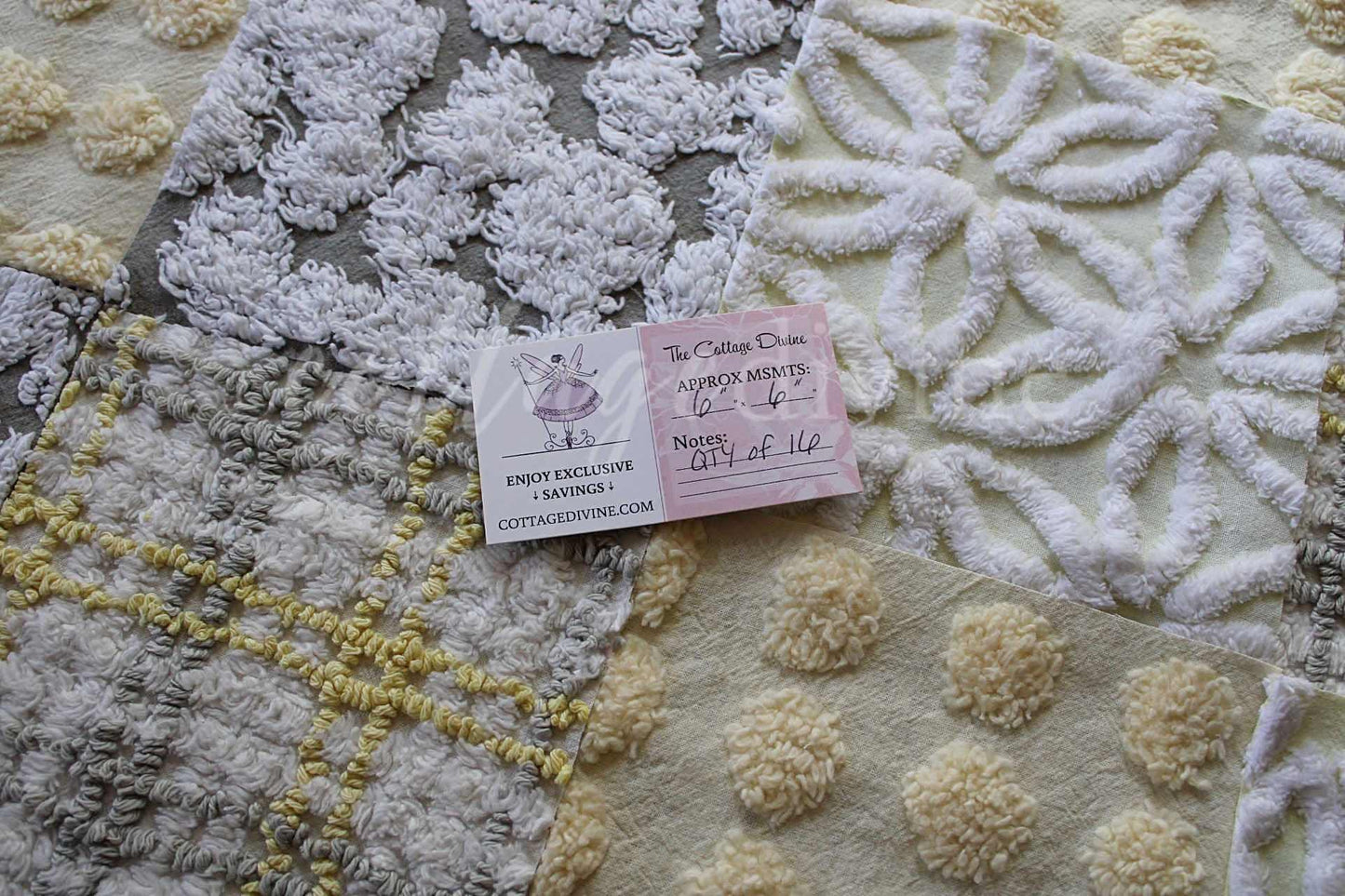 vintage chenille quilt squares, sunshine through clouds, set of 16 grey, white & yellow 6" geometric quilt blocks