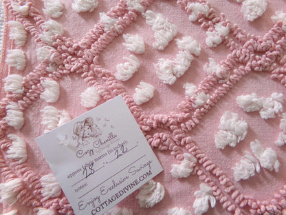 rose pink vintage chenille fabric, tumbling block mauve & white geometric design, 28" x 22" piece sewing material