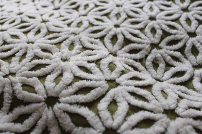 Boho Olive Green Vintage Chenille Fabric, High Contrast White Daisy 18x24" Pc