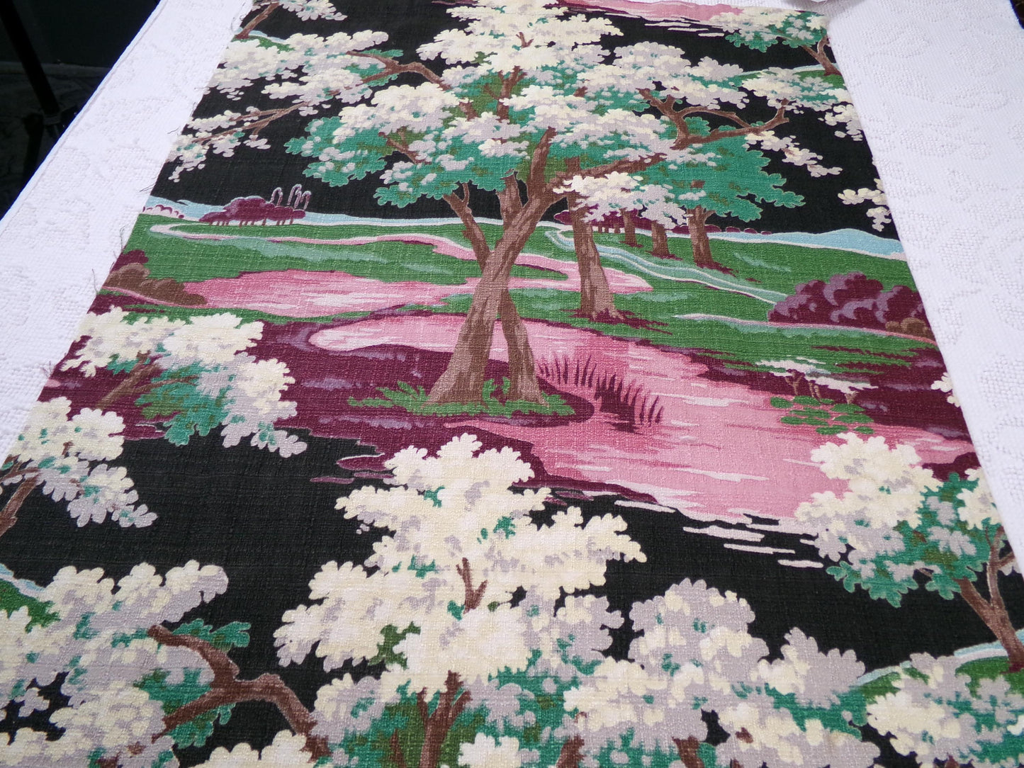 Moody Surreal Vintage Barkcloth Fabric Spooky Black Pink Mystic Winding Path, 20" x 35"