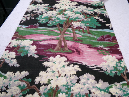 Moody Surreal Vintage Barkcloth Fabric Spooky Black Pink Mystic Winding Path, 20" x 35"