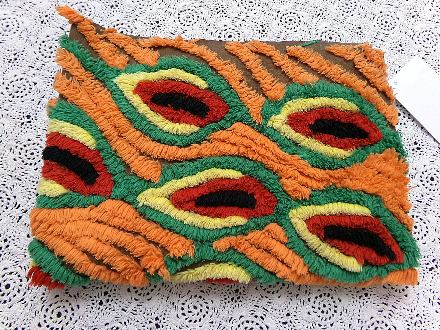 peacock feathers vintage chenille bedspread fabric boho exotic plumes brown orange 14.5x19.5"