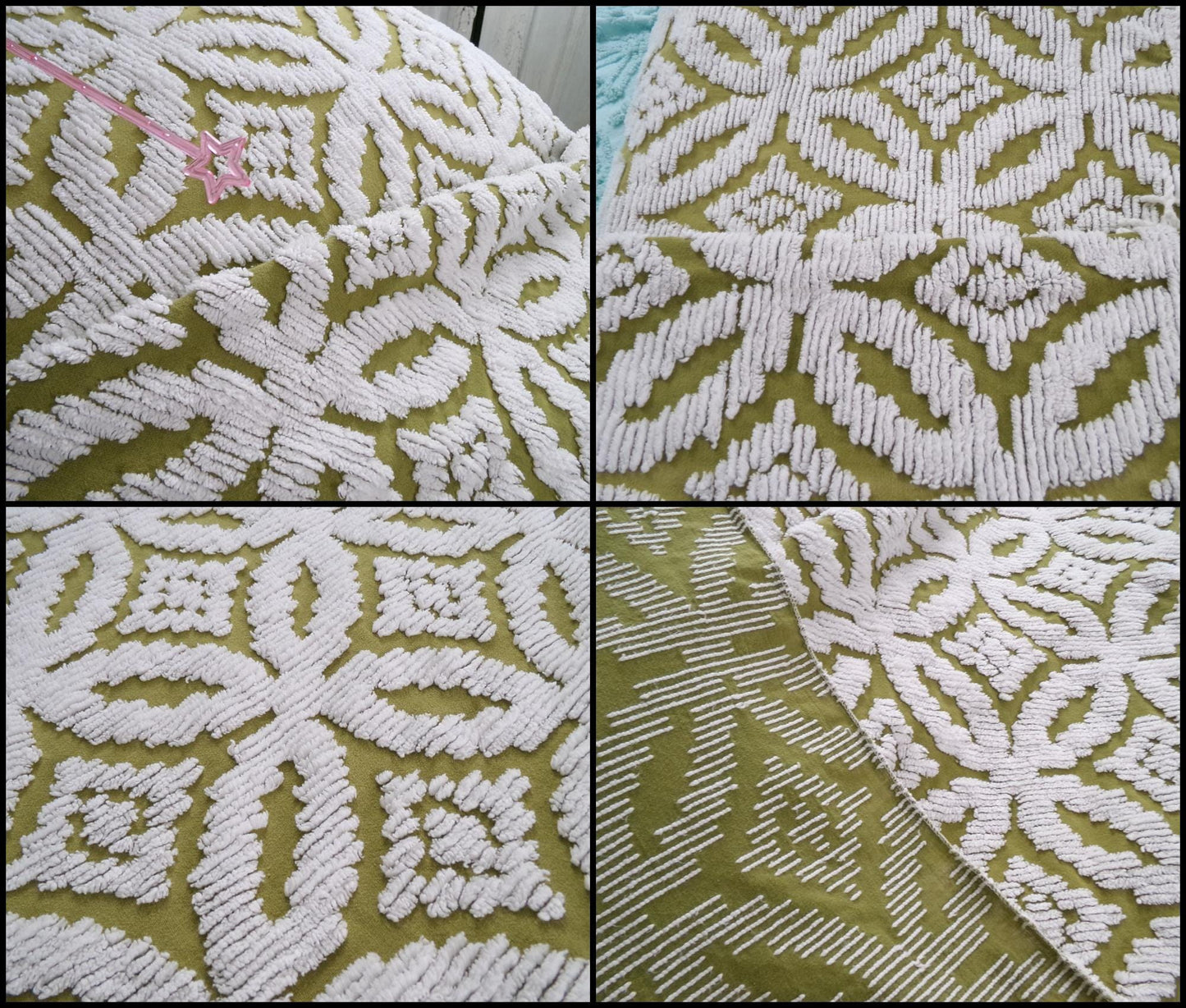 Boho Vintage Chenille Bedspread, Full Size Olive Green White Tufted Geometric Design
