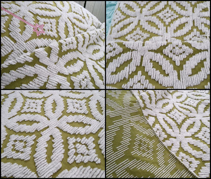 Boho Vintage Chenille Bedspread, Full Size Olive Green White Tufted Geometric Design