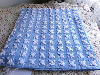 White Rosebud Vintage Chenille Fabric Piece, Beyond Beautiful Blue Rose Material for Quilts & Pillows, 24" x 20" inches