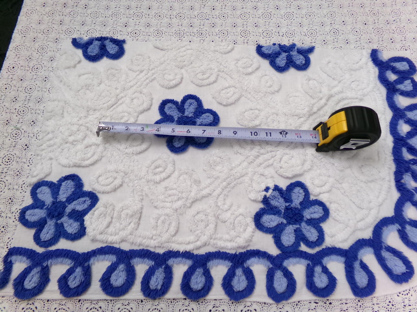 Vintage Chenille Fabric Piece, Blue White Floral Coastal Chic Quilting Material 14x25"