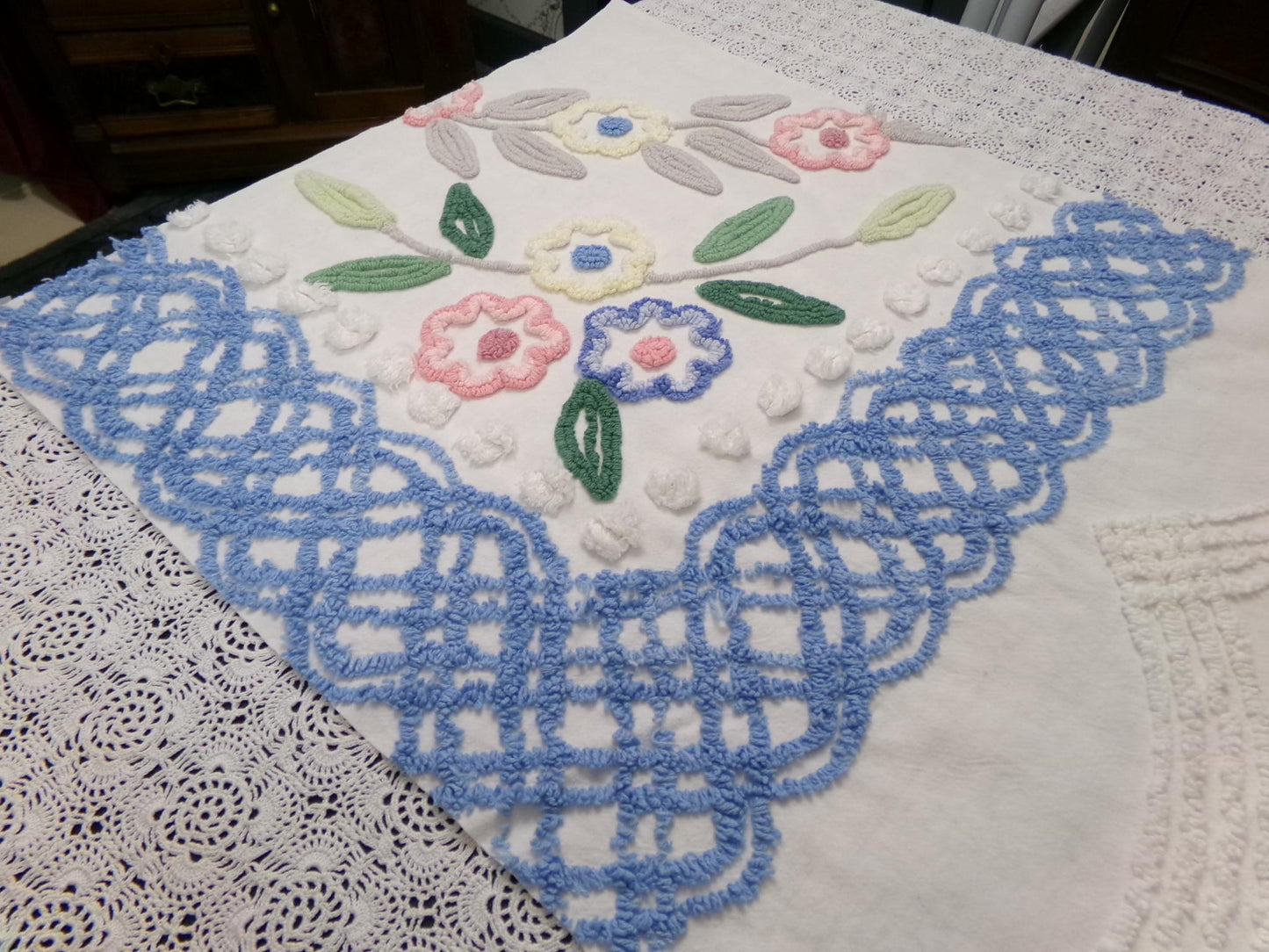Cottage Florals Vintage Chenille Bedspread Fabric 33x18"