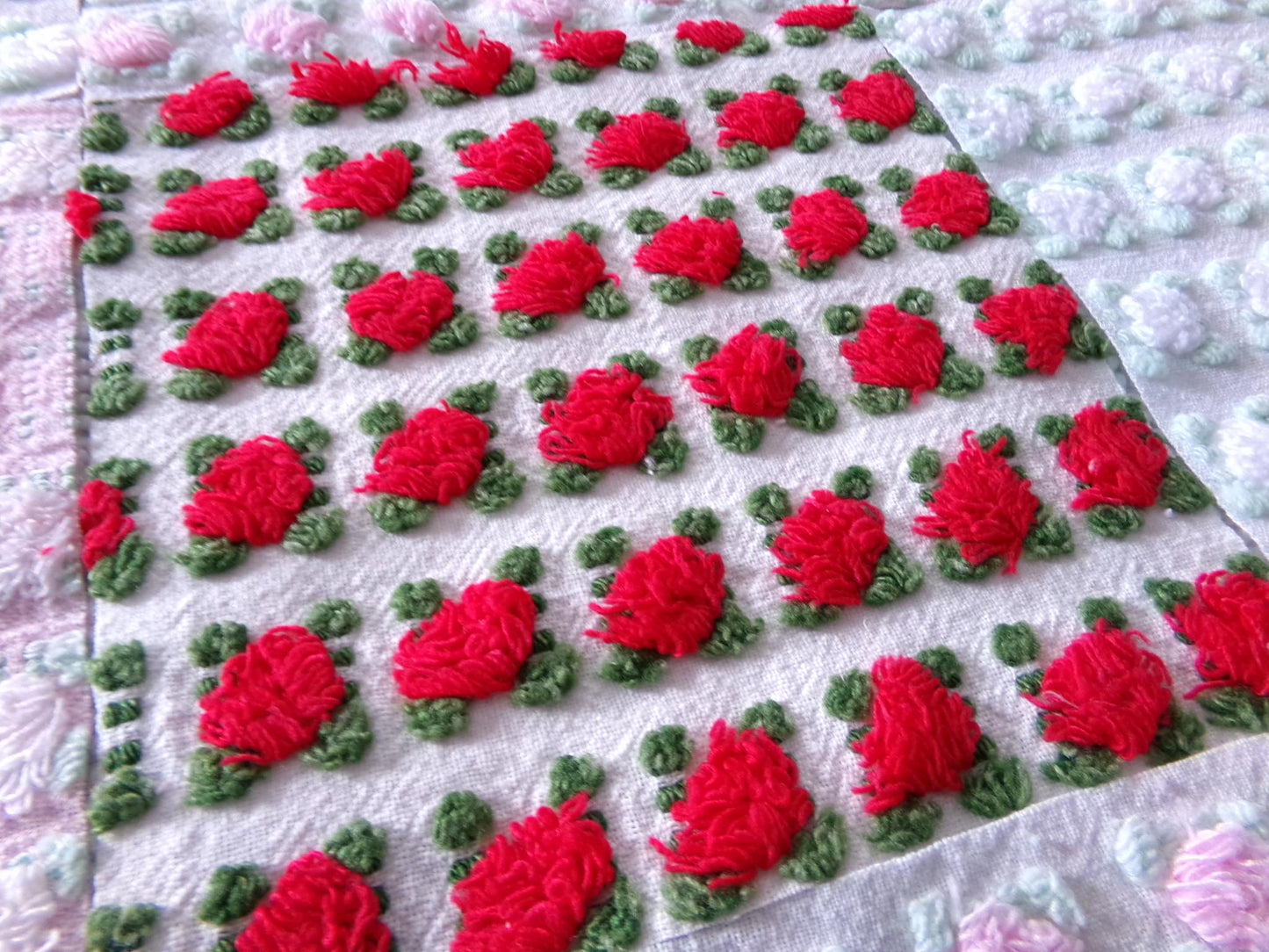 romantic rosebuds vintage chenille fabric squares, gorgeous medley of pink, red, white roses, set of 16 quilt blocks, 6" x 6" inch