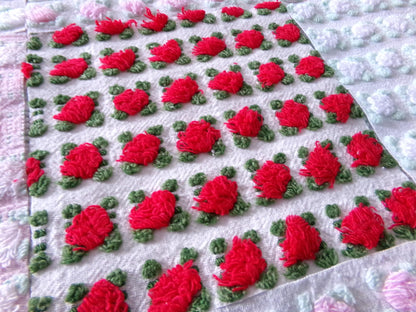 romantic rosebuds vintage chenille fabric squares, gorgeous medley of pink, red, white roses, set of 16 quilt blocks, 6" x 6" inch