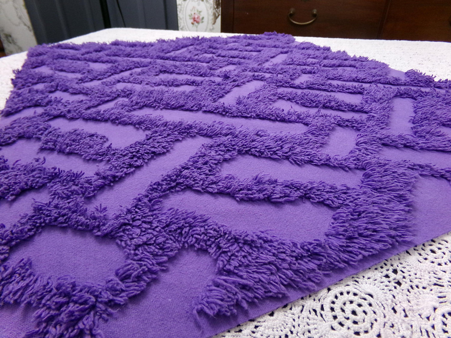 Vintage Royal Purple Chenille Fabric 18 x 24" Labyrinth Maze Geometric Boho Quilt Sewing Material