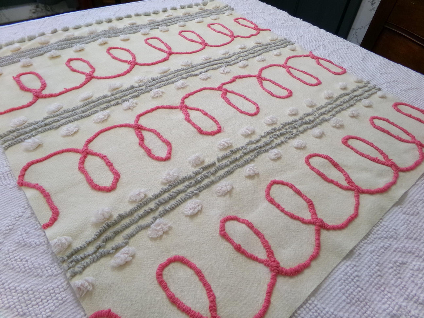 doodle dots vintage chenille bedspread fabric, yellow & red quilt sewing material, 23" x 21" piece