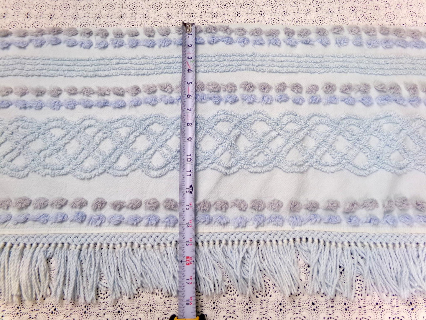 cool blue grey vintage chenille bedspread fabric boho fringe 13x36" cabin crafts