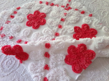 Roses in Snow Vintage Chenille Fabric, Red & White Plush Swirl 18" x 21" Inch Piece