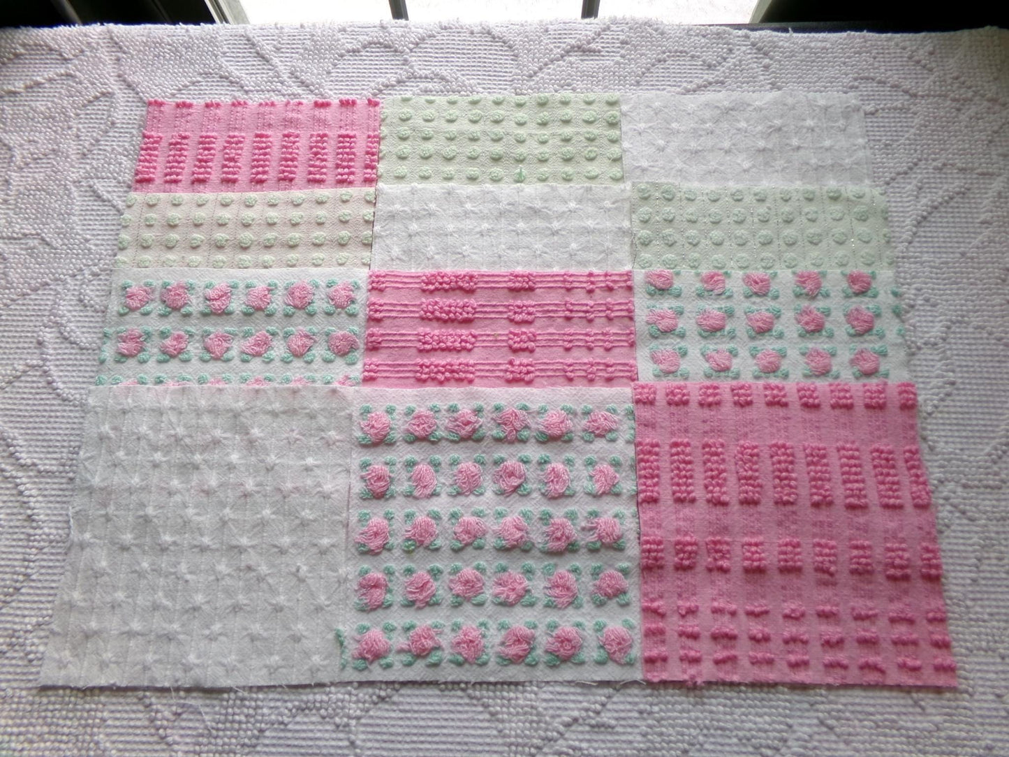 fairy girl pinks chenille fabric squares, set of 12 vintage 6" quilt blocks in crafty girl's dozen, popular squiggles, rosebud, dots