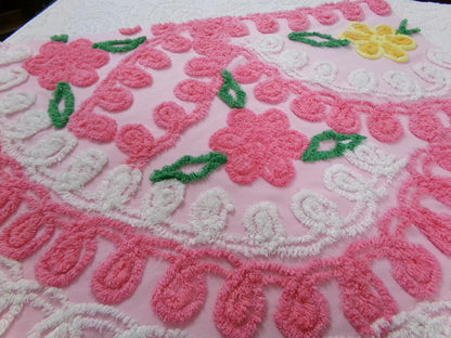 Pink Floral Vintage Chenille Bedspread Fabric, shabby cottage sewing craft quilt material, 20" x 24" piece
