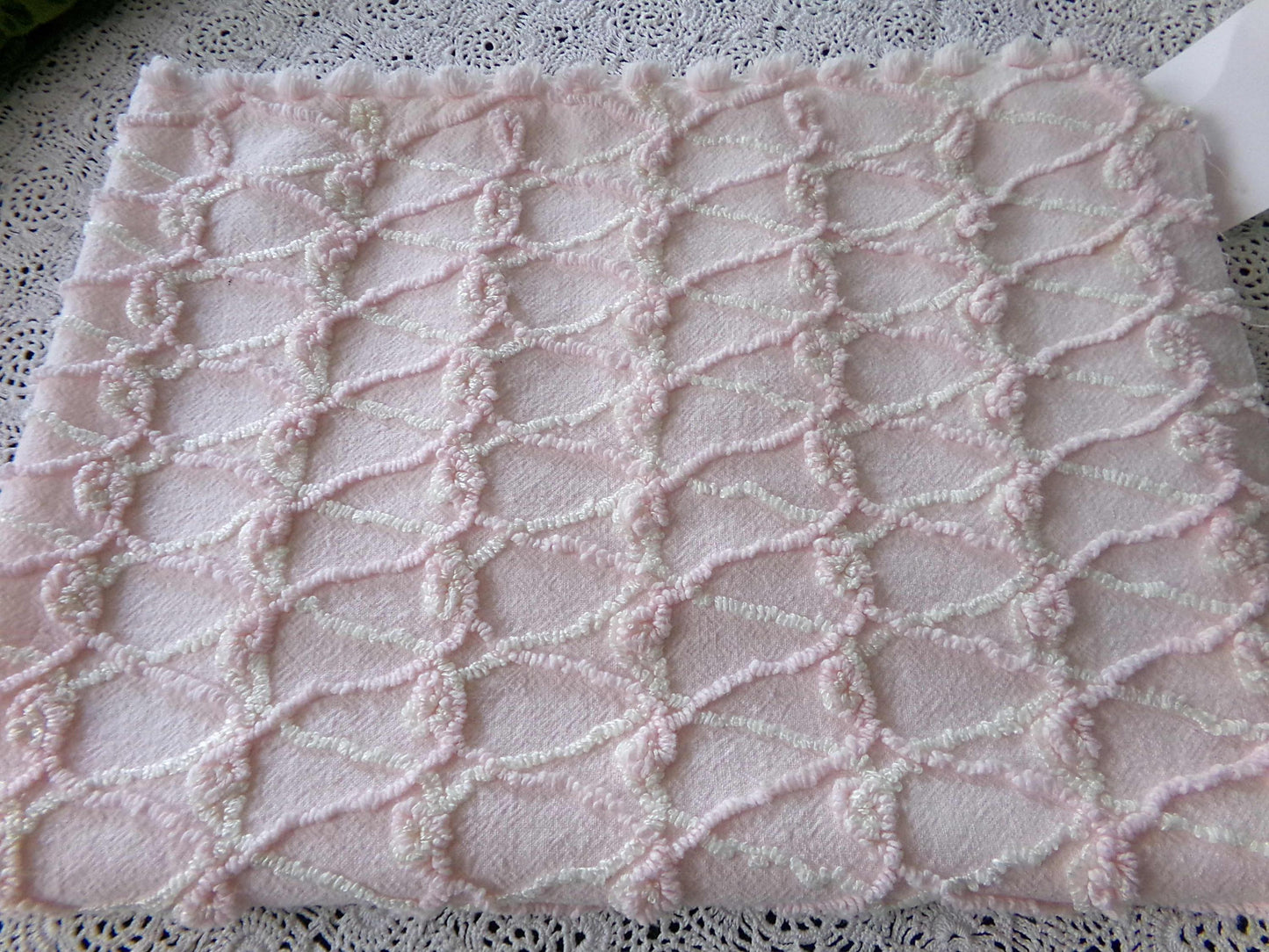 Webbed Eternity Knots Vintage Chenille Fabric Pastel Pink, Iridescent Vanilla Cream 18x25"