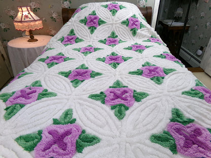 Lavender Cabbage Rose Blooms 1940s White Cotton Chenille Bedspread, FULL Size