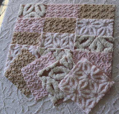 modern mocha pinks chenille fabric squares, set of 16 vintage quilt blocks 6" inches ea, daisy & squiggle texture