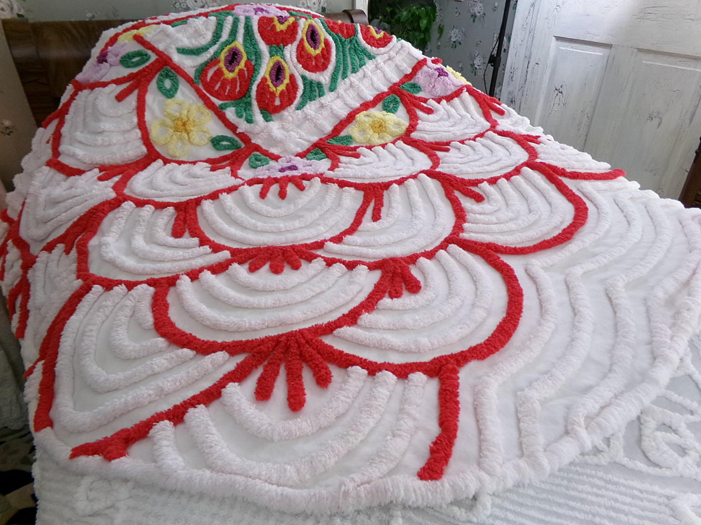 Sprawling Peacock Vintage Chenille Bedspread, Boho Red Green & White Cotton Full Size