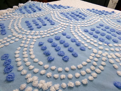 Blue Shell Scallops Vintage Chenille Bedspread Fabric Coastal Pops 24x26"