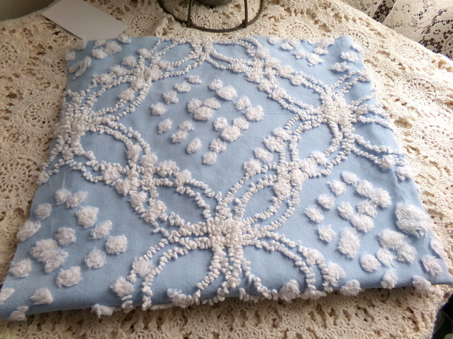 shabby beach chic vintage chenille fabric, 19" x 21" piece w/ snow white pops & links on sky blue cotton