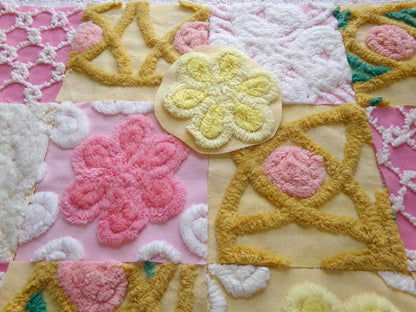 vintage chenille fabric squares, "secret garden" set of 16 floral 6" quilt blocks in yellow, rose pink, gold