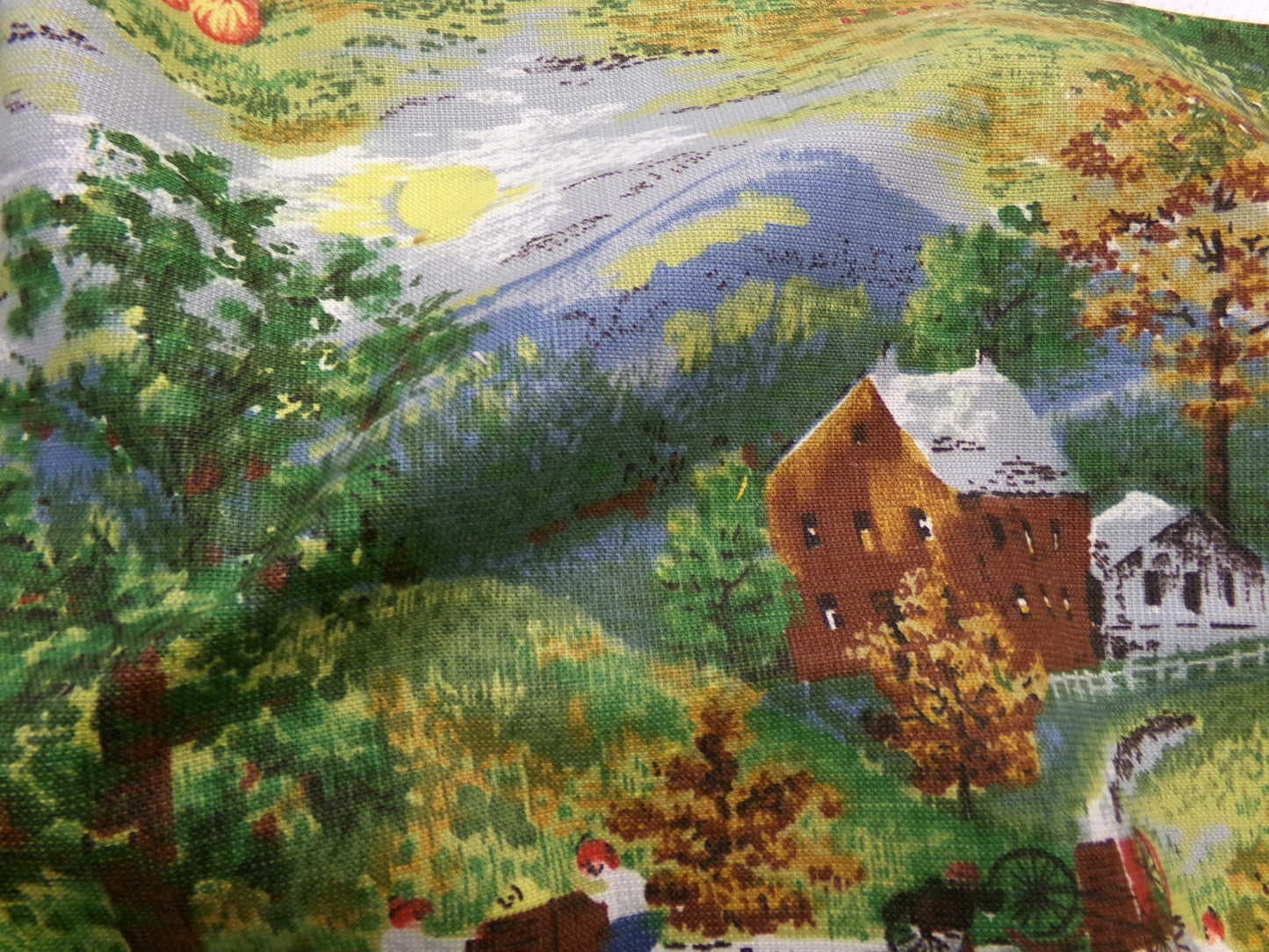 Grandma Moses HALLOWEEN Vintage Barkcloth Fabric, Midcentury Rustic Spooky Scene, 17" x 23"