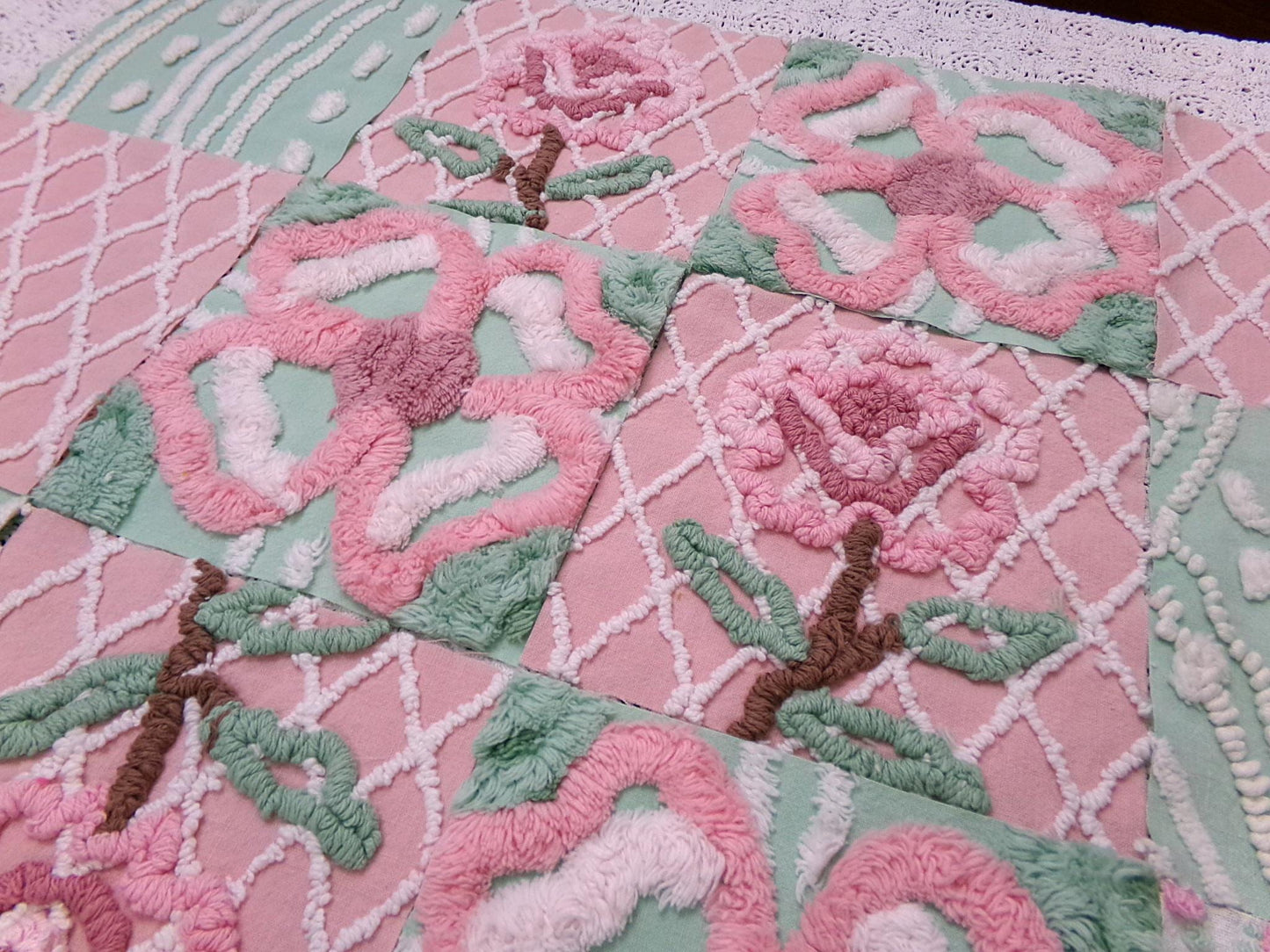 fresh cut roses vintage chenille fabric squares, set of 16 pink green quilt blocks 6" ea