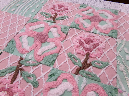 fresh cut roses vintage chenille fabric squares, set of 16 pink green quilt blocks 6" ea