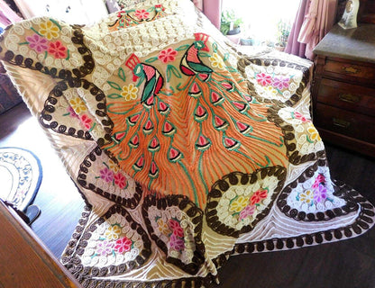 Boho Vintage Peacock Chenille Bedspread, "Opposites Attract" Lovebirds, FULL Sz