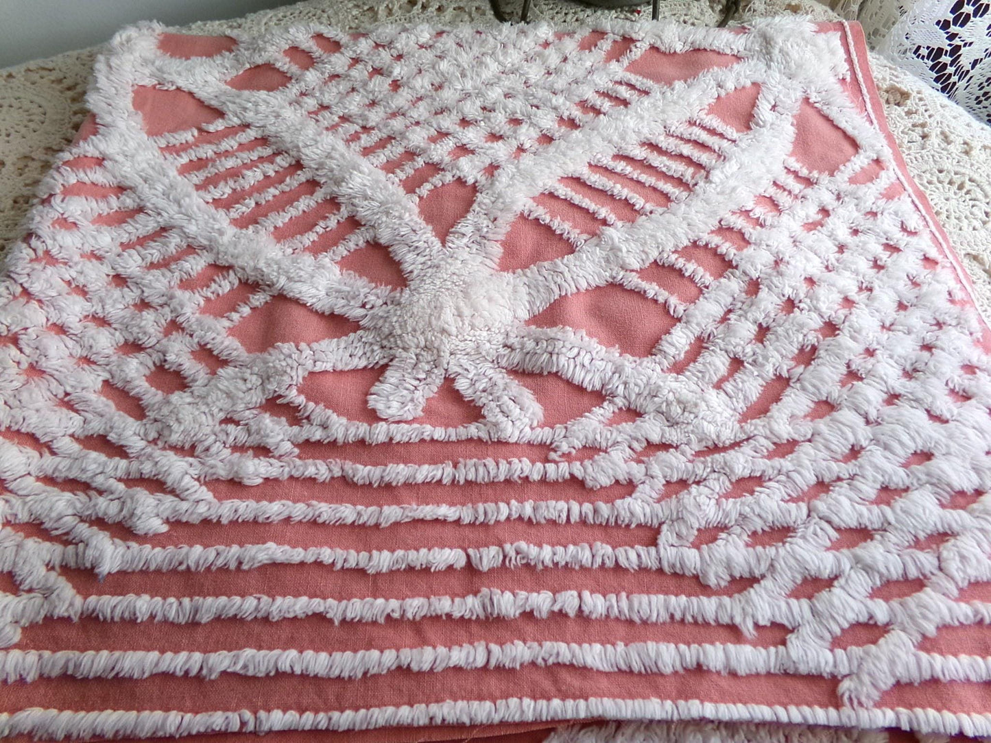 Warm Terracotta Rose Vintage Chenille Fabric, 29" x 27" Inch Piece, White Geometric Designs