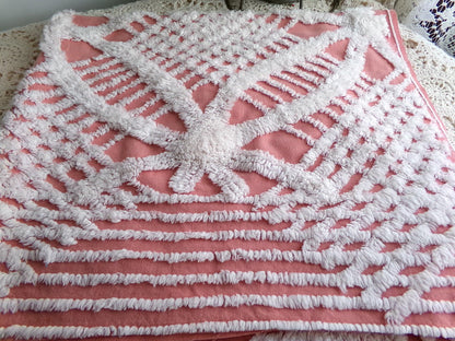 Warm Terracotta Rose Vintage Chenille Fabric, 29" x 27" Inch Piece, White Geometric Designs