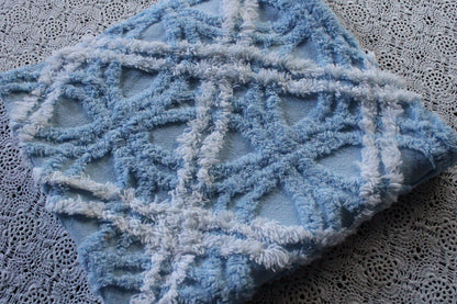 Breezy Coastal Vintage Style Chenille Fabric, 21" x 22" Inch Piece, Plush Sky Blue & White Geometric